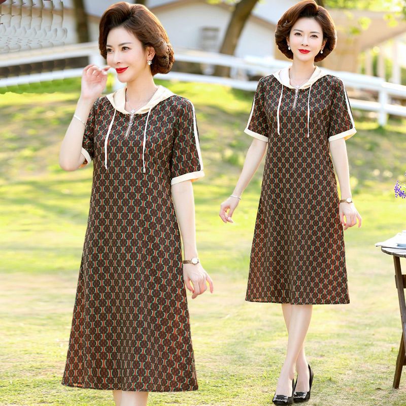 斯尔丽妈妈洋气休闲连衣裙中年妇女装夏装中老年气质直筒裙子高视频