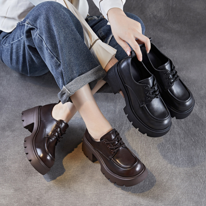 真皮女鞋春秋单鞋新款轻奢擦色厚底小皮鞋英伦复古系带乐福鞋