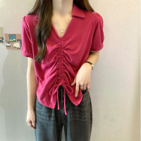 [2.5折价67元]唐狮短袖T恤女夏季翻领下摆抽绳短款修身上衣气质淑女潮