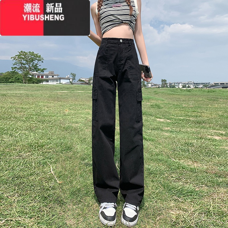 YIBUSHENG美式复古卡其色直筒工装牛仔裤女高街vibe高腰宽松百搭休闲阔腿裤高清大图
