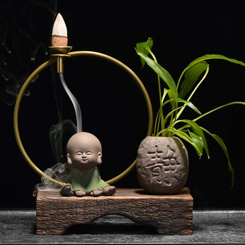 风化木小和尚倒流香香炉禅意摆件创意陶瓷香插家用茶道檀香香薰炉