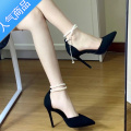 SUNTEK这是什么仙鞋子~！绒面珍珠一字扣带凉鞋黑色女鞋中空高跟鞋女 黑色8cm梦之岚优选 38