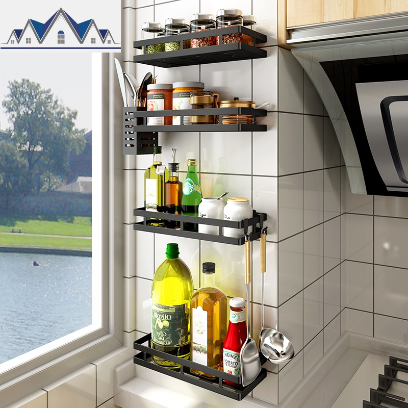 免打孔厨房置物架壁挂式调料架黑色调味品料收纳架子用品家用大全_2_764高清大图
