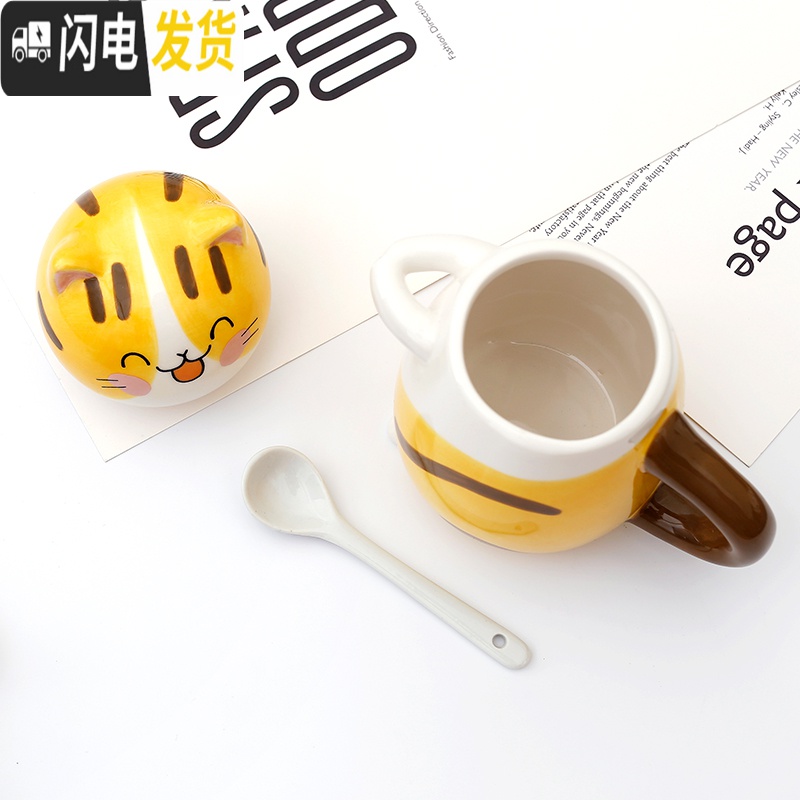 三维工匠云木杂货 动物卡通马克杯可爱抱抱杯趣味猫少女陶瓷杯带勺子水杯高清大图