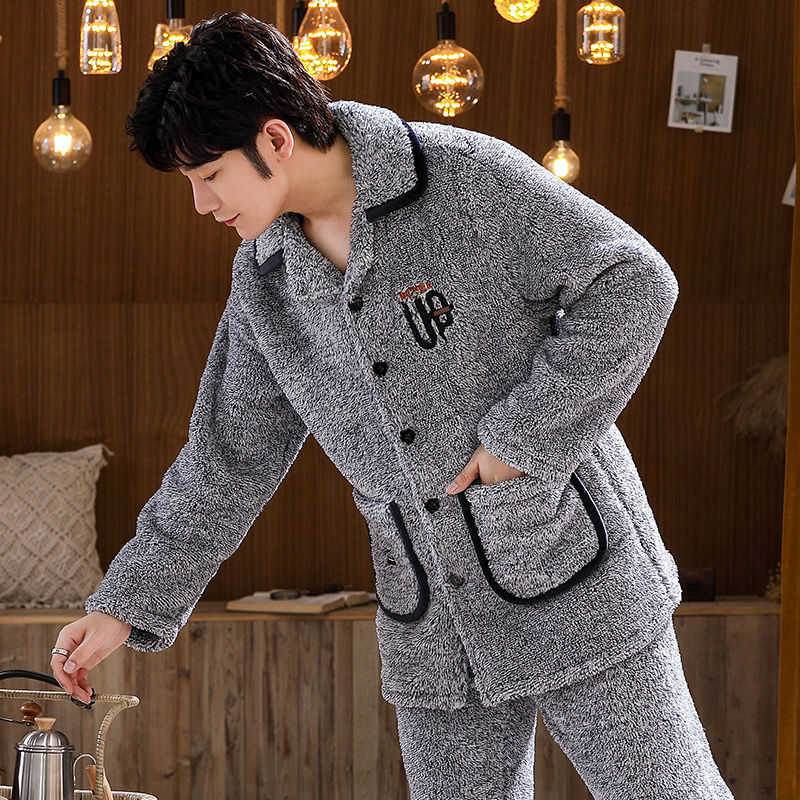 冬季珊瑚绒睡衣男士秋冬款加厚加绒保暖法兰绒家居服男款冬天套装