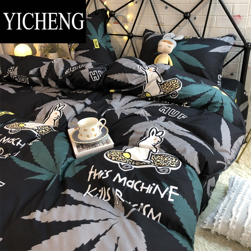 YICHENG潮酷滑板兔床上四件套ins枫叶深色耐脏床单被套男生1.5m1.8米床品