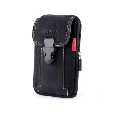 新款57寸手机包男多功能穿皮带挂腰包帆布手机套腰带包耐磨钱包黑色竖