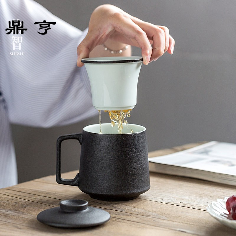 鼎亨马克杯黑陶过滤带盖大号茶杯个性水杯陶瓷花茶杯子定制随手杯