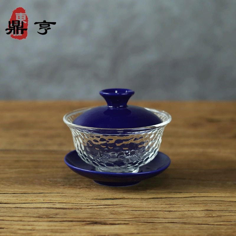 鼎亨茶具耐热玻璃陶瓷盖碗茶杯 景德镇手绘祭蓝锤纹三才杯 泡茶碗