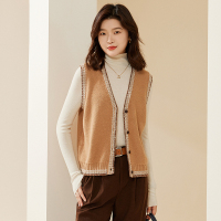 【100%绵羊毛】恒源祥无袖羊毛开衫女秋冬复古背心时尚民族风马甲 杏仁咖 175/96A/XL