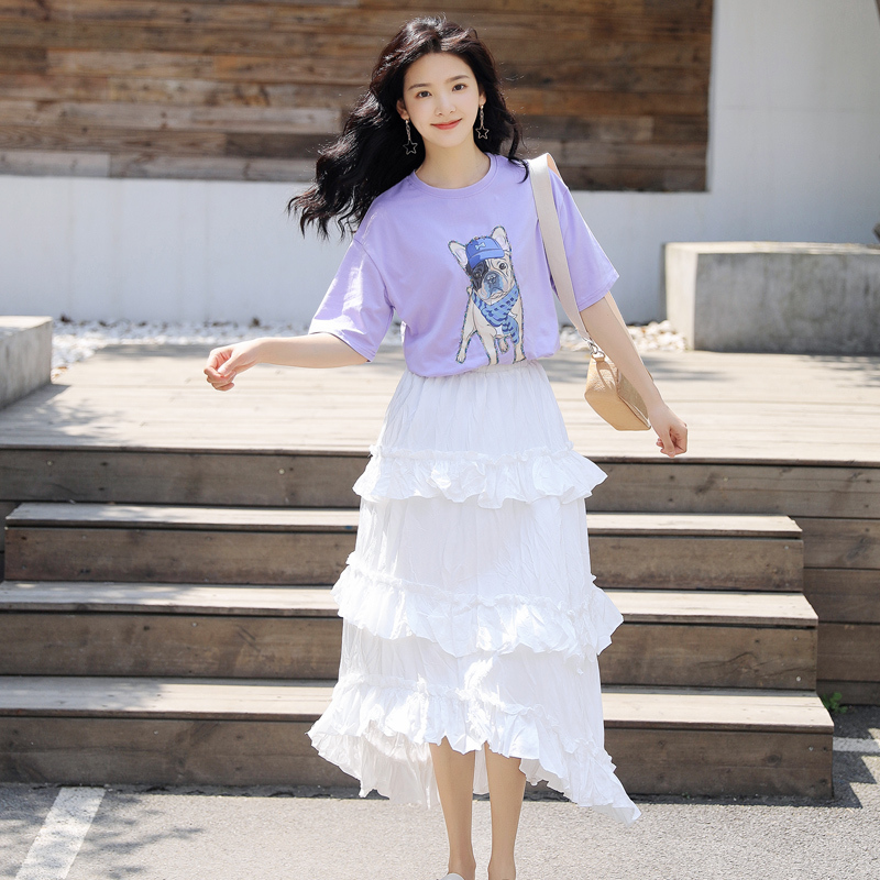 蛋糕裙T恤半身裙套装显瘦温柔风少女显瘦裙子印花体恤两件套