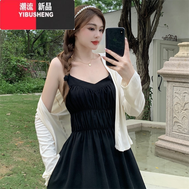 YIBUSHENG大码胖MM赫本风黑色连衣裙女季收腰吊带裙子外搭开衫外套两件套