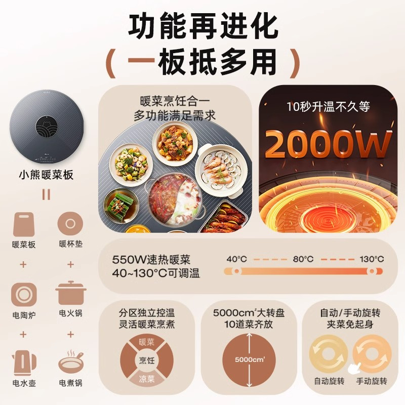小熊保温热饭电陶炉火锅暖菜板家用旋转保温板加热2024新款升温快 电陶炉款[10~12人聚餐]高清大图