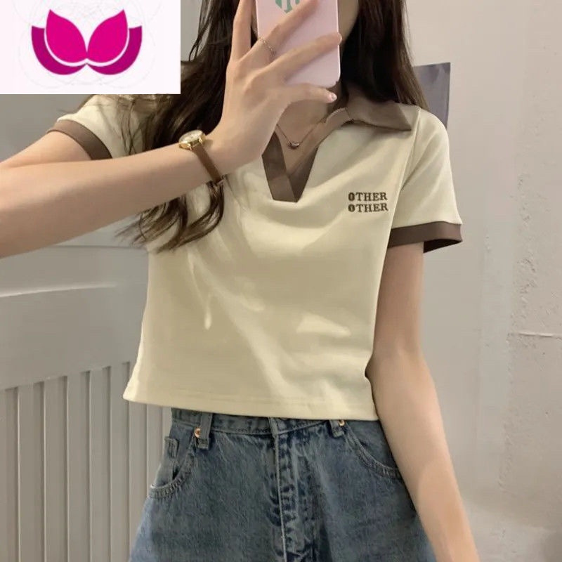 七斓甜美夏季小清新正肩polo领设计感小众短袖T恤女ins修身短款上衣潮