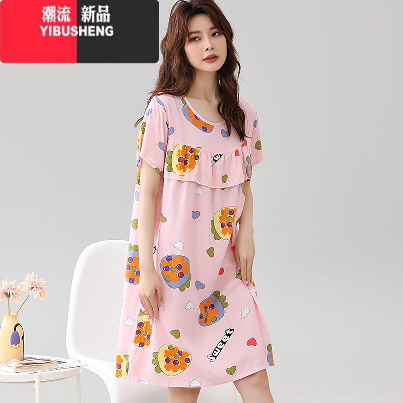 YIBUSHENG季防凸点印花睡裙女凉感家居服短袖棉绸大码人造棉宽松舒适中裙高清大图