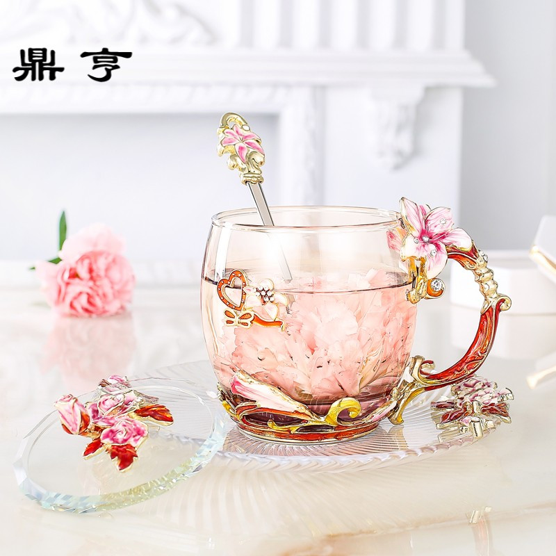 鼎亨百合珐琅彩水杯玻璃杯子女家用洛施花舍套装耐热创意套花