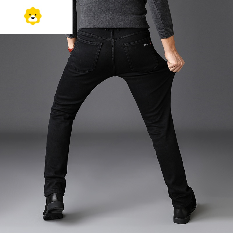 fishbasket纯黑色牛仔裤男季厚款超高弹力直筒裤休闲男士长裤子青年季