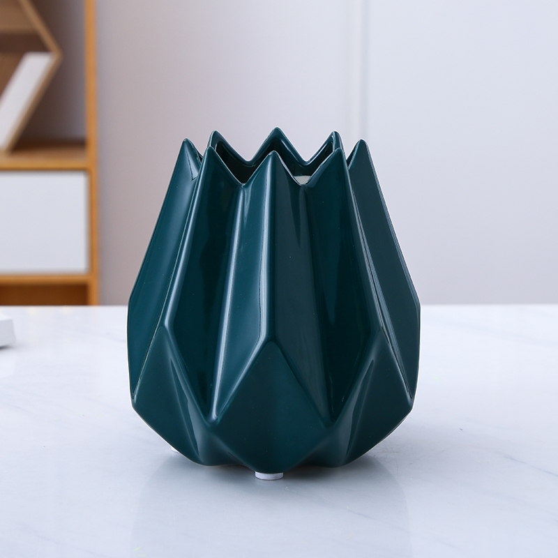 现代简约陶瓷花瓶家居摆设客厅装饰品北欧创意菱形干花插花器摆件 三维工匠 绿色花瓶小号高清大图