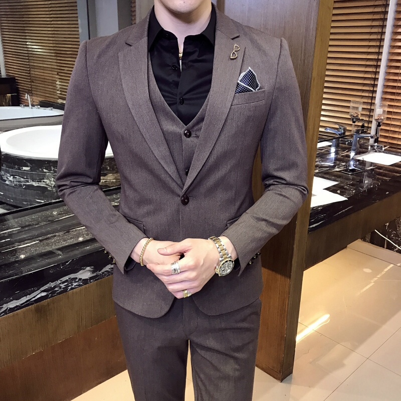 西服套装男士夏季三件套韩版修身弹力正装休闲小西装新郎结婚礼服