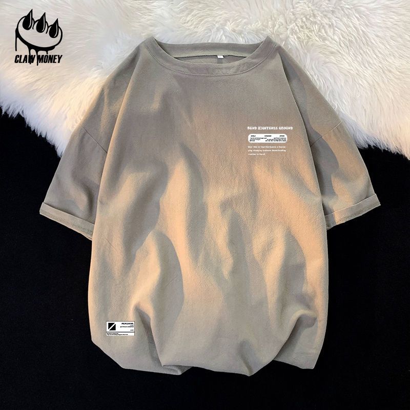 Claw money宽松休闲棉麻短袖T恤男夏季潮牌亚麻五分袖学生半截袖