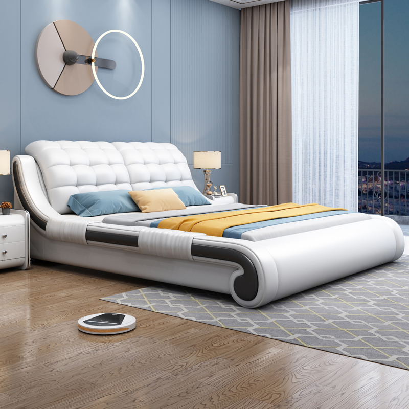 轻奢真皮床现代简约主卧室床高端大气网红双人大床高级极简皮艺床高清大图