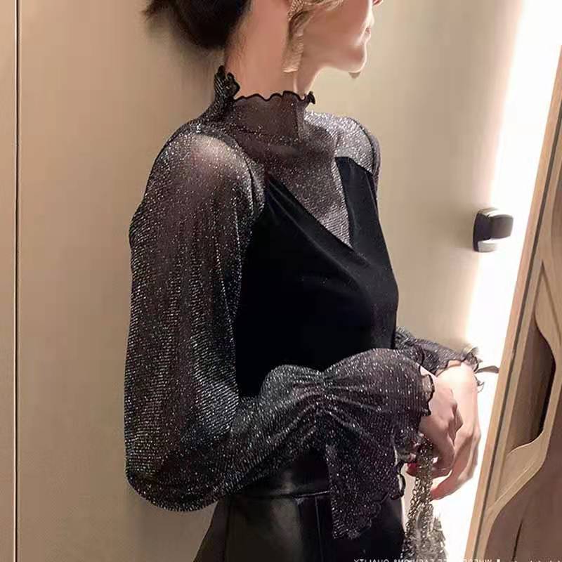艳如飞打底衫春秋新款宽松大码女装洋气妈妈装钉珠雪纺衫长袖T恤女上衣大码女装