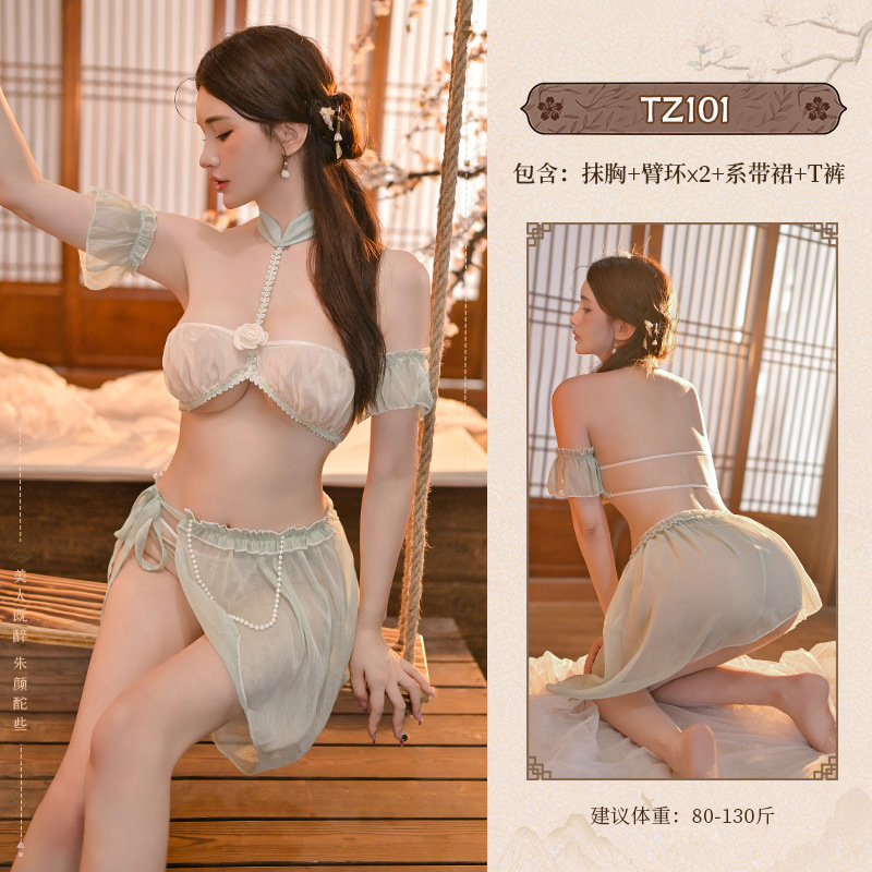 九里晴川薄荷仙子透视分体套装汉服诱惑情趣内衣性感纯欲露臀裙 九里晴川TZ101【异域风情套装-黄绿】 均码