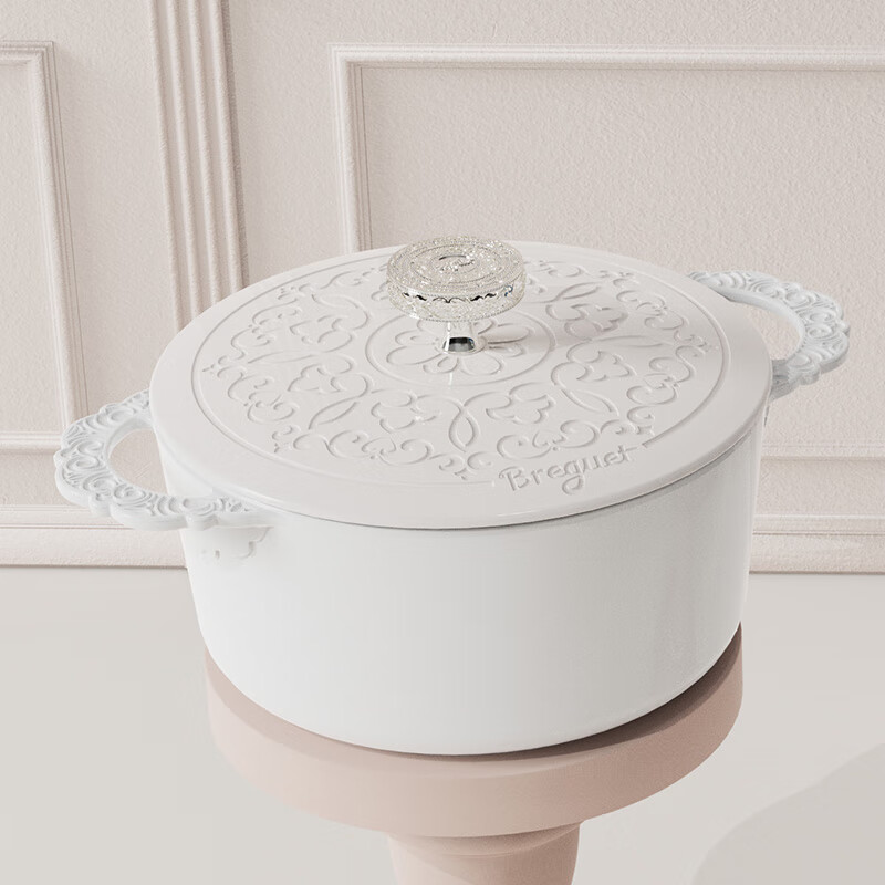 BREGUET宝玑传世珐琅锅4L铸铁锅平底双耳煲汤锅24CM 月光白 BGB2401高清大图