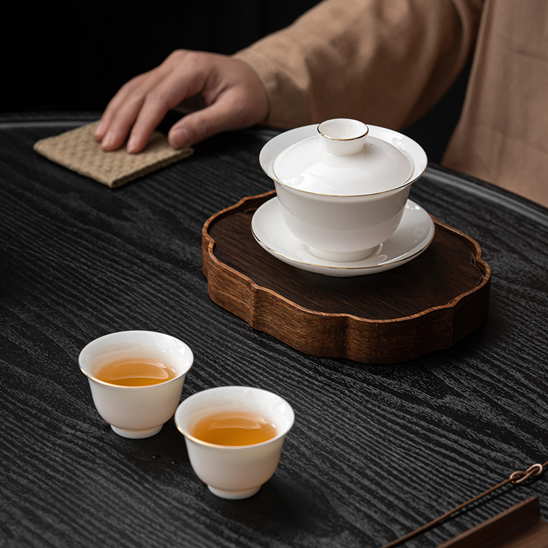 苏氏陶瓷(SUSHI CERAMICS)羊脂玉描金三才盖碗功夫茶具泡茶碗带两杯