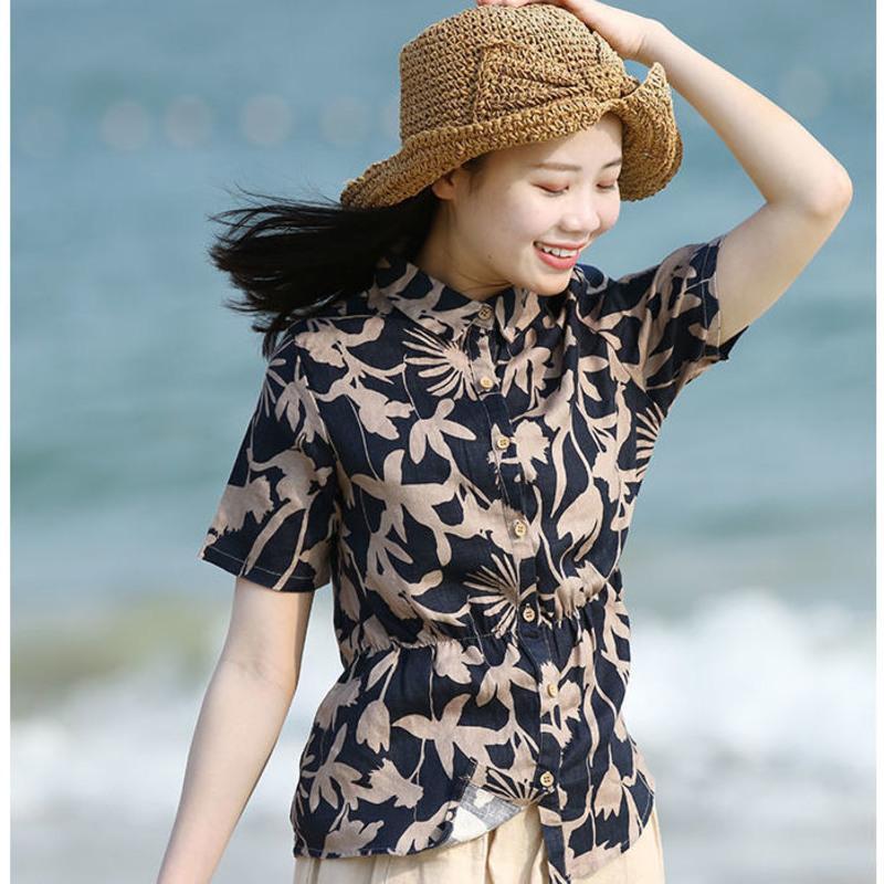 亚麻小立领碎花女装衬衫高雅气质文艺棉麻小衫2021夏天新款女 蓝色 S 88斤-94斤