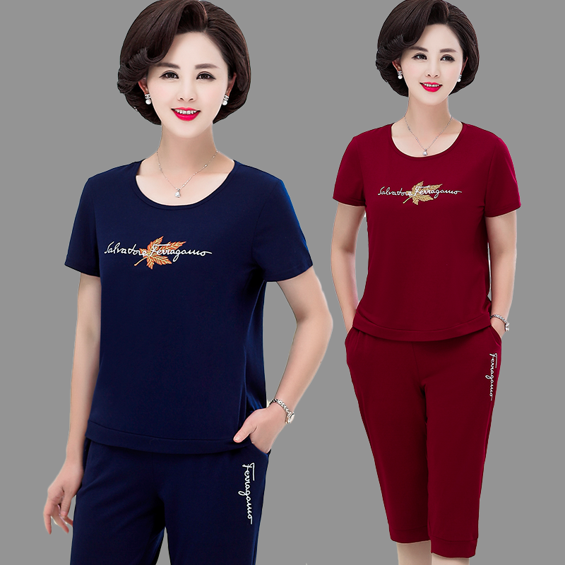 中老年妈妈装运动套装女夏季宽松短袖休闲上衣两件套中年40岁夏装