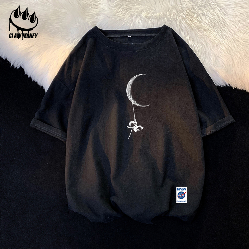 Claw money圆领棉麻短袖T恤男夏季休闲五分袖青少年百搭亚麻半袖
