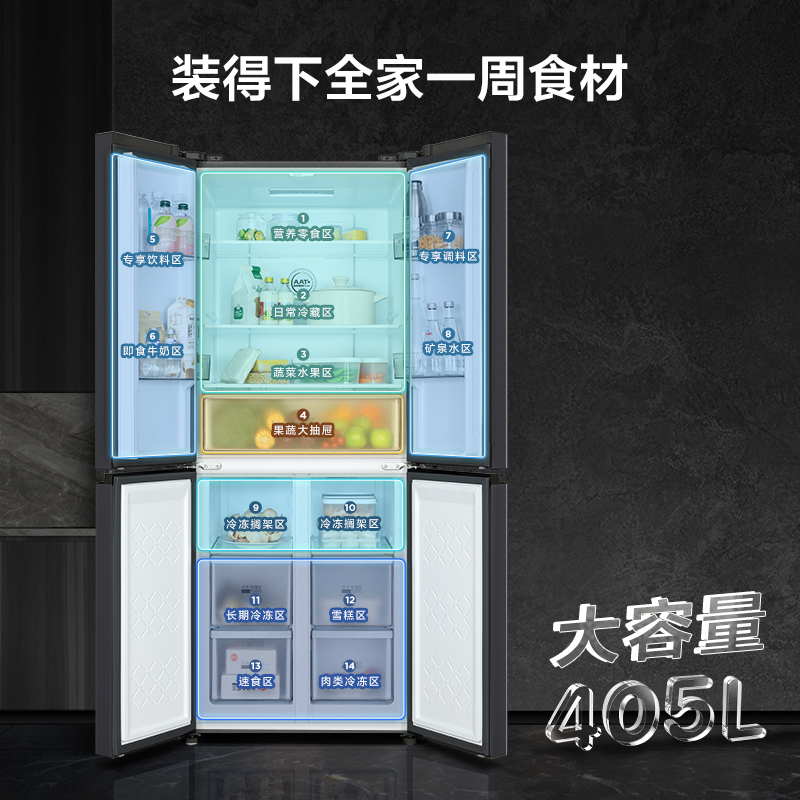 TCL 405升T3晶岩灰十字四门超薄双变频养鲜冰箱 33分贝低音 一级能效 风冷无霜时尚冰箱 R405T3-U晶岩灰高清大图