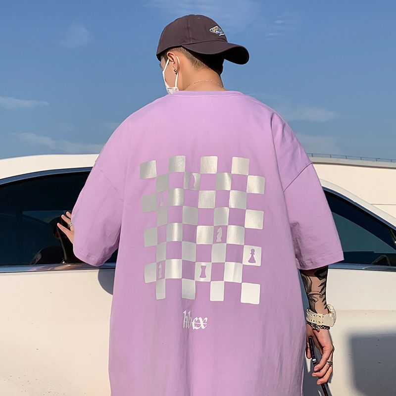 WOOG2005夏季棋盘格t恤半袖男士宽松韩版潮流体恤ins港风短袖上