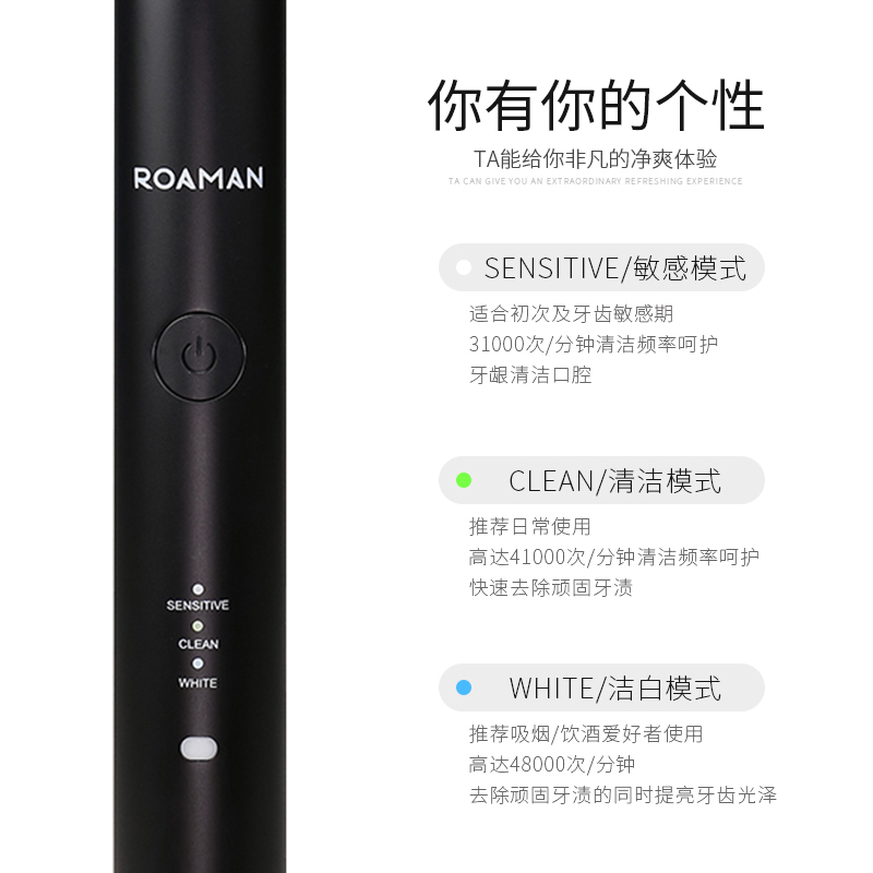 罗曼/ROAMAN 电动牙刷 T3 无线感应式充电全自动声波口腔护理电动牙刷家用成人 每支含4个刷头 黑色