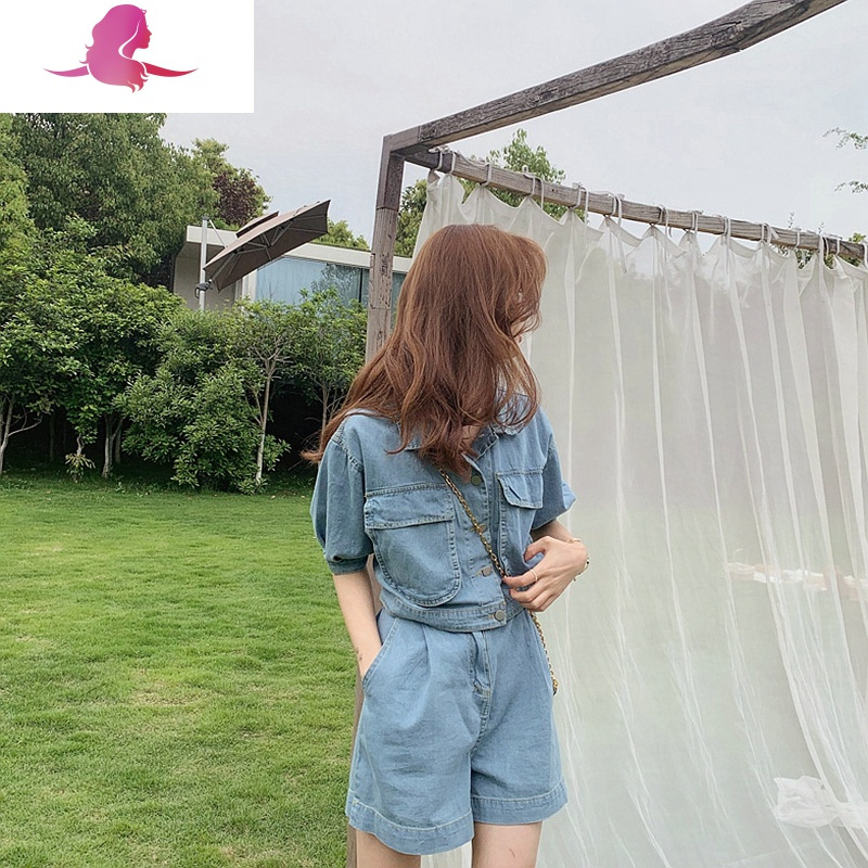 艳如飞夏季洋气减龄小个子气质炸街网红职业牛仔工装两件套装裤女时尚潮套装
