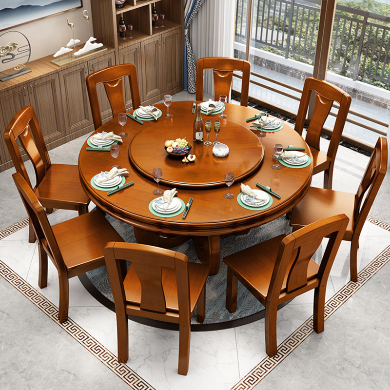 实木餐桌椅组合圆形新中式现代实木圆餐桌椅简约带转盘饭桌家用