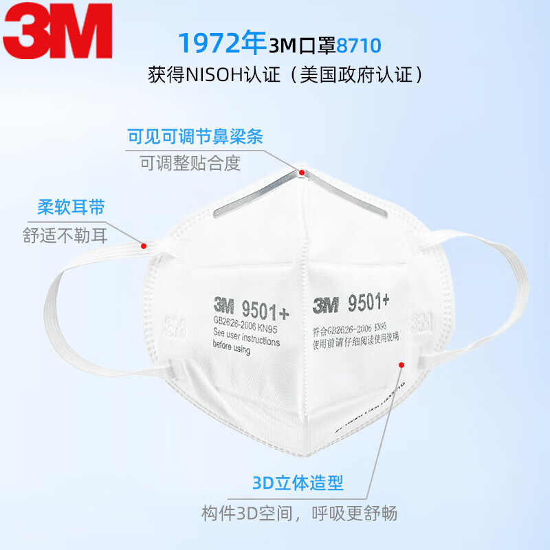 3M 9501+口罩50只/袋 环保装KN95防尘防颗粒物工业粉尘折叠耳带式-单位:个