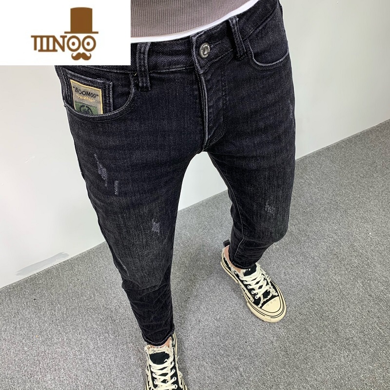 YANXU牛仔裤男士高端潮牌修身小脚2022年新款弹力百搭休闲长裤子高清大图