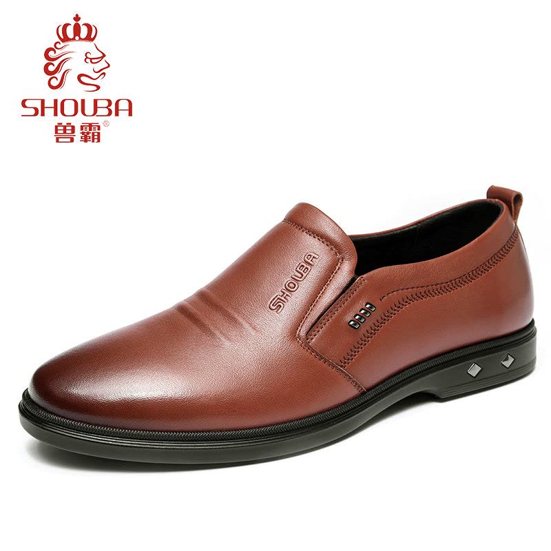 兽霸男鞋2019新款商务休闲鞋真皮圆头低帮套脚皮鞋头层牛皮一脚蹬图片