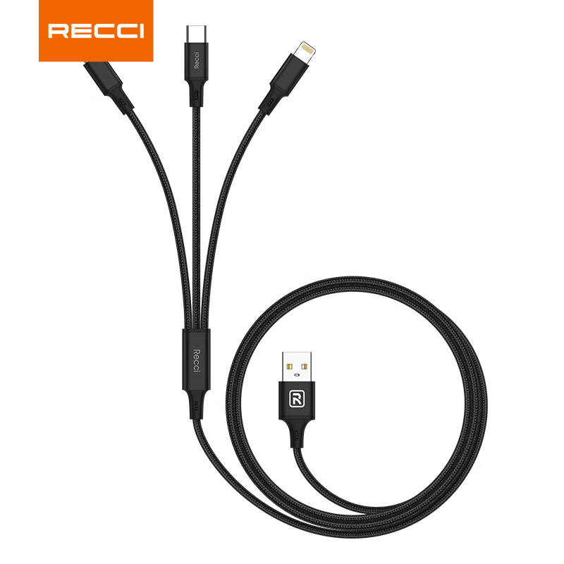 锐思速风一拖三数据线Type-C/Lightning/Micro三口充电线(RCS-D120)黑色高清大图