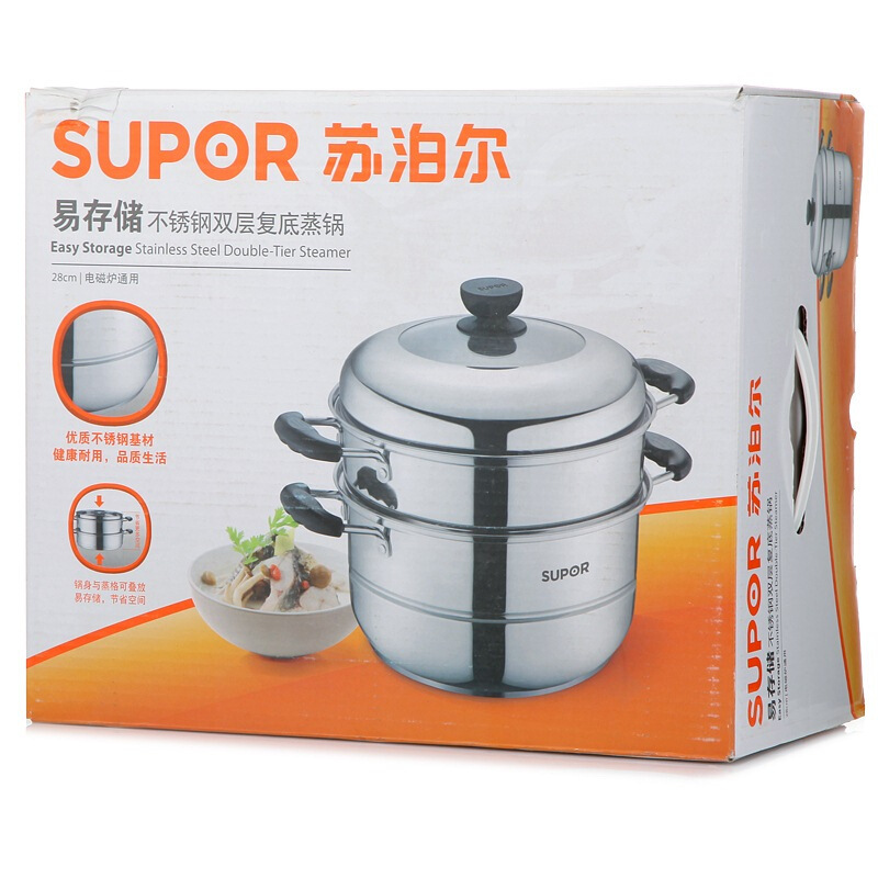 苏泊尔(SUPOR)易存储304食品级不锈钢双层复底蒸锅易清洁易储存高透可视玻璃 SZ28B2 28cm