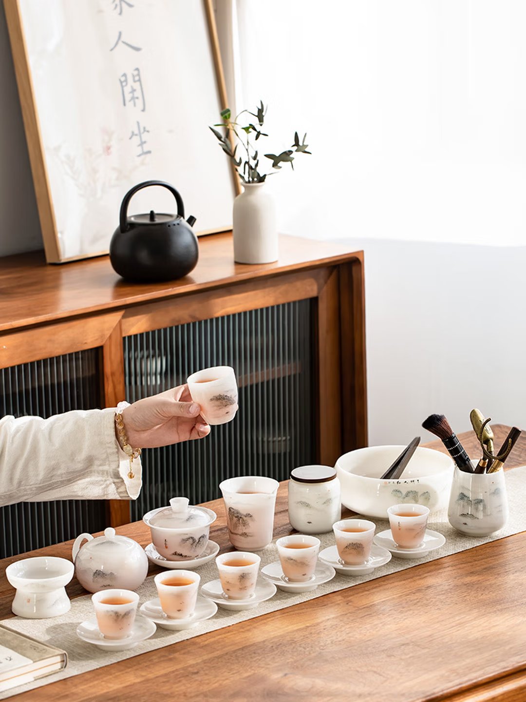 金镶玉璞玉瓷功夫茶具天地人和500mm大容量2kg重奢品设计陶瓷茶具高清大图