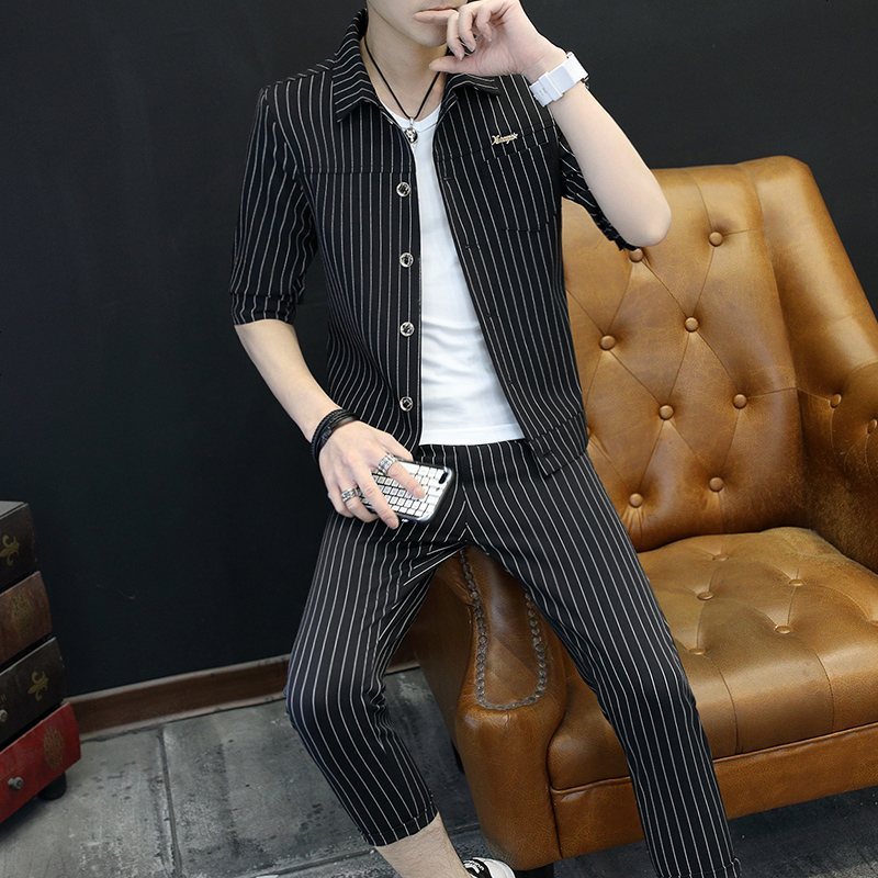 夏季西服男时尚韩版条纹小西装修身立领西服中山装中国风中袖套装