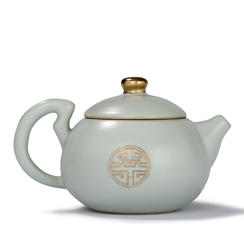 常生源 茶壶原矿汝窑汝瓷开片功夫茶具茶壶陶瓷泡茶壶 浮雕金西施壶
