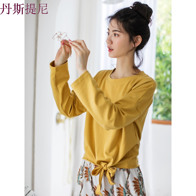 睡衣女春秋纯棉长袖可外穿韩版清新学生蝴蝶结圆领宽松家居服套装