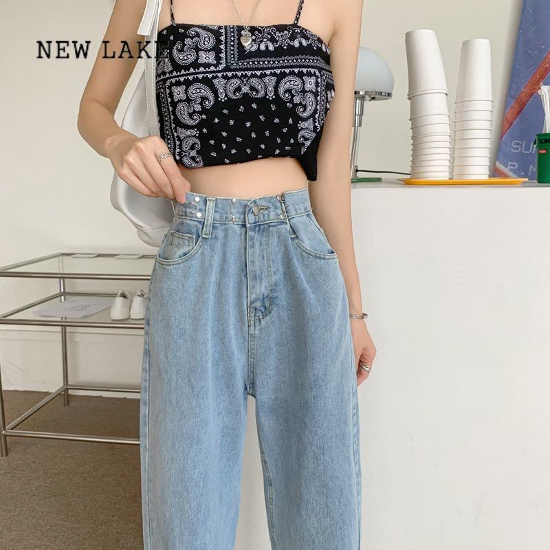 NEW LAKE夏季小个子高腰白色牛仔裤女装美式垂感阔腿长裤粉色直筒裤子薄款图片