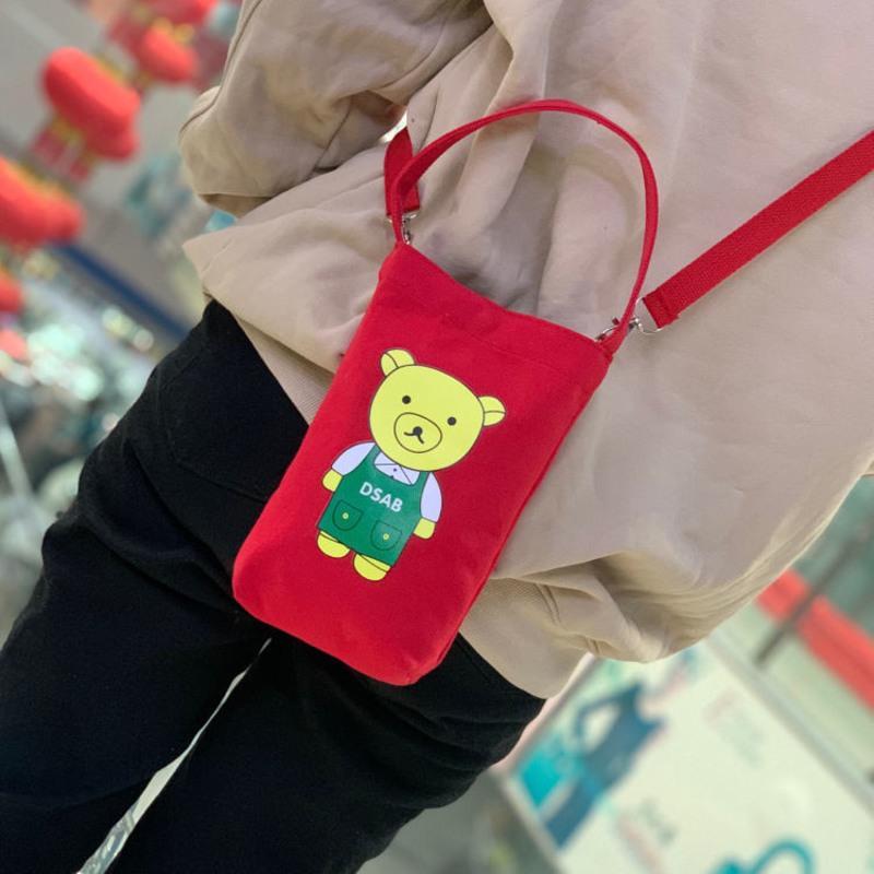 红色小熊-两用 卡通斜跨两用杯套卡通帆布水杯袋子玻璃保温杯保护套手提小拎包