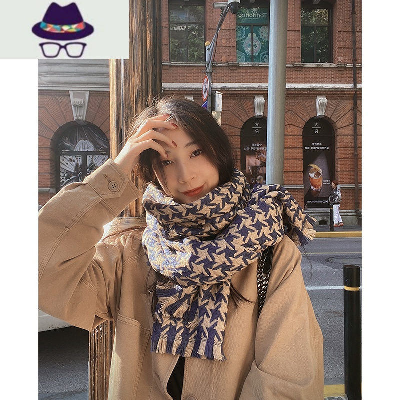 摩登复古千鸟格围巾女冬季仿优雅大气披肩韩版潮百搭保暖围脖fish
