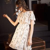 【1折价39.9元】唐狮连衣女小碎花雪纺裙荷叶边字漏肩显瘦裙子